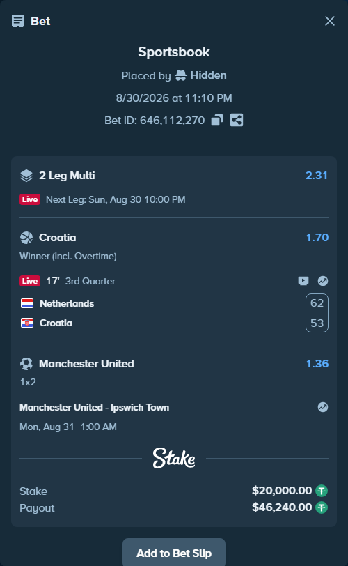 Bet slip: Manchester United - Ipswich Town, $20,000.00 stake at 1.36 odds, placed by Hidden