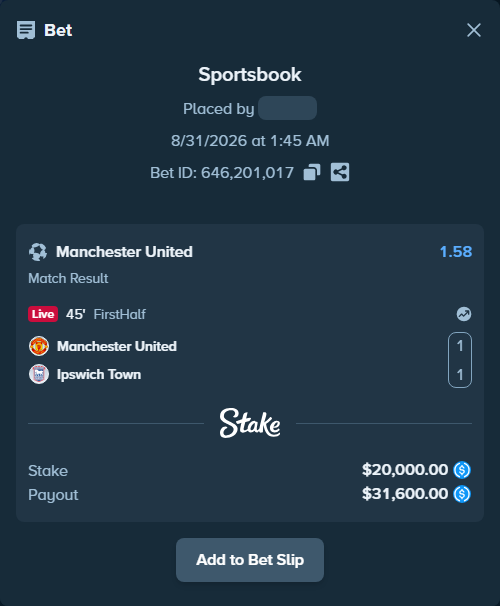 Bet slip: Manchester United - Ipswich Town, $20,000.00 stake at 1.58 odds, placed by Dortkebab