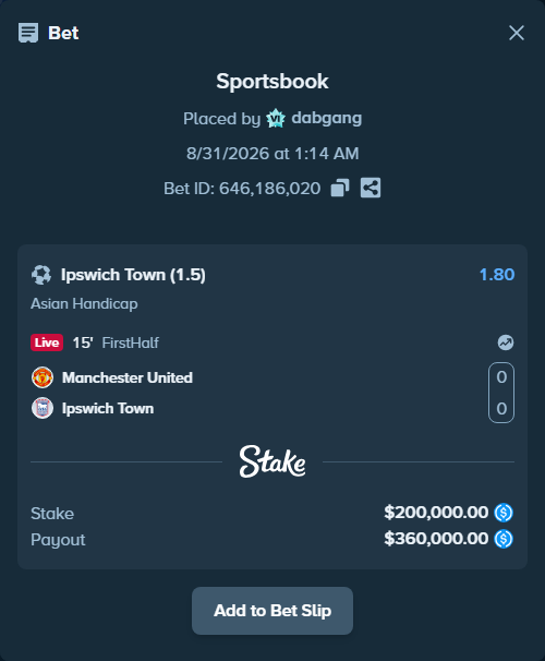 Bet slip: Manchester United - Ipswich Town, $200,000.00 stake at 1.80 odds, placed by dabgang