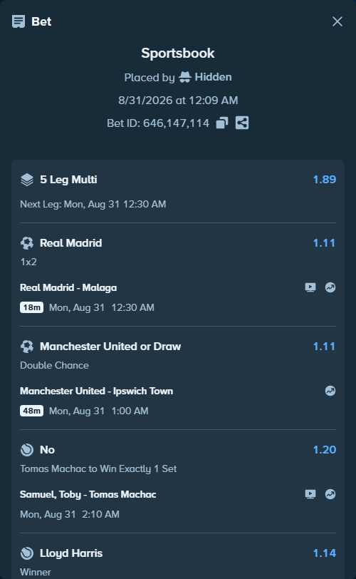 Bet slip: Manchester United - Ipswich Town, $23,455.00 stake at 1.11 odds, placed by Hidden