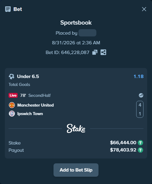 Bet slip: Manchester United - Ipswich Town, $66,444.00 stake at 1.18 odds, placed by partizanti22