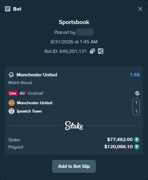 Bet slip: Manchester United - Ipswich Town, $77,462.00 stake at 1.55 odds, placed by ayoflasher