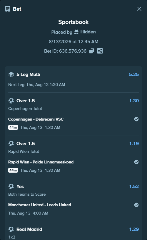 Bet slip: Manchester United - Leeds United, $10,000.00 stake at 1.52 odds, placed by Hidden