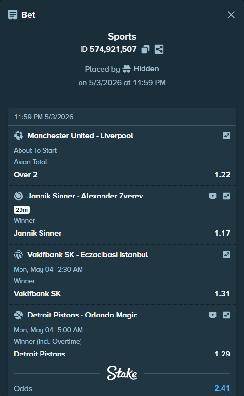 Bet slip: Manchester United - Liverpool, $15,968.96 stake at 1.22 odds, placed by Hidden