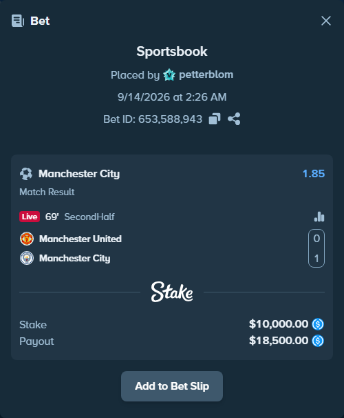 Bet slip: Manchester United - Manchester City, $10,000.00 stake at 1.85 odds, placed by petterblom