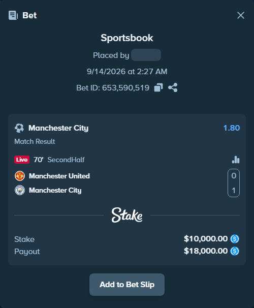 Bet slip: Manchester United - Manchester City, $10,000.00 stake at 1.80 odds, placed by petterblom