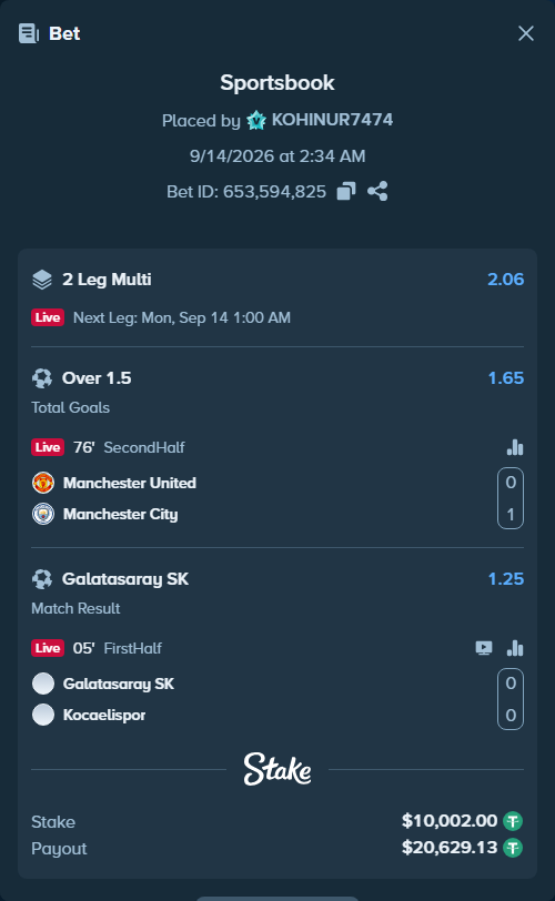 Bet slip: Manchester United - Manchester City, $10,000.00 stake at 1.65 odds, placed by KOHINUR7474