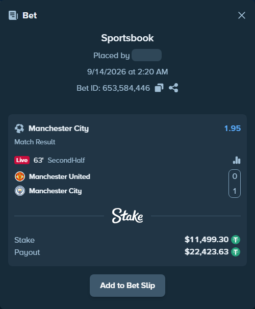 Bet slip: Manchester United - Manchester City, $11,497.00 stake at 1.95 odds, placed by DooDLeZ1love