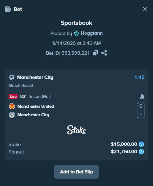 Bet slip: Manchester United - Manchester City, $15,000.00 stake at 1.45 odds, placed by Hoggtann