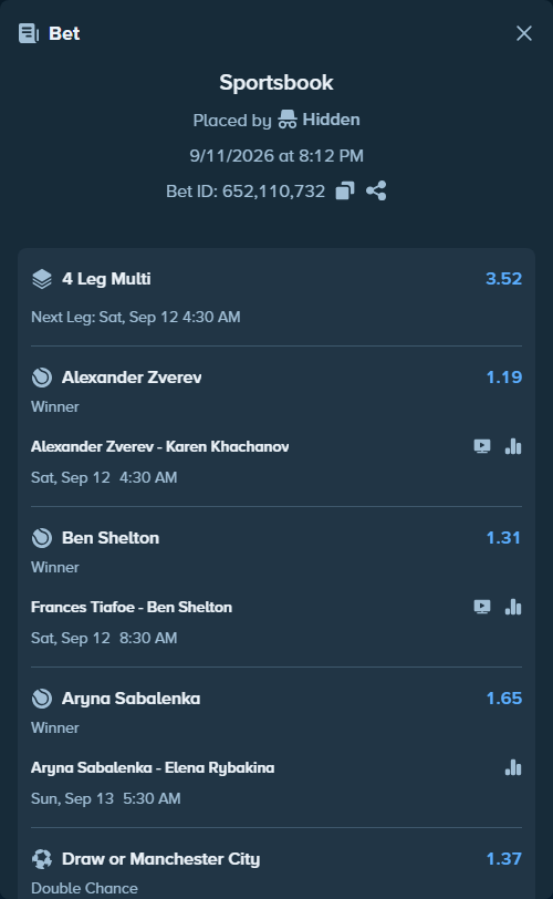 Bet slip: Manchester United - Manchester City, $18,550.31 stake at 1.37 odds, placed by Hidden