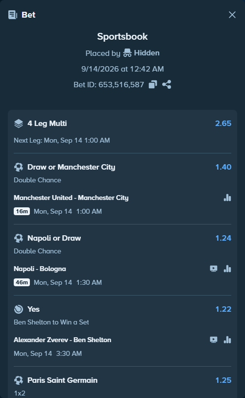 Bet slip: Manchester United - Manchester City, $20,691.72 stake at 1.40 odds, placed by Hidden