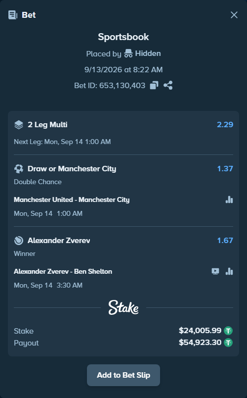 Bet slip: Manchester United - Manchester City, $24,005.99 stake at 1.37 odds, placed by Hidden