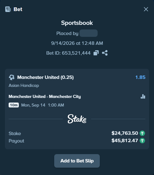 Bet slip: Manchester United - Manchester City, $24,756.07 stake at 1.85 odds, placed by siang08