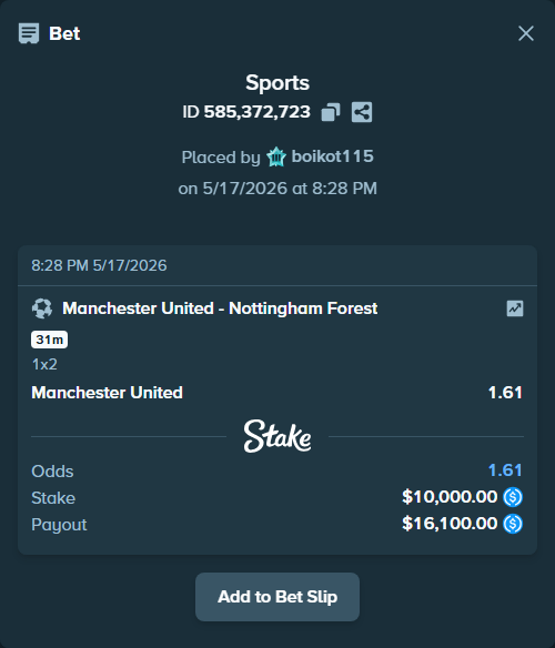 Bet slip: Manchester United - Nottingham Forest, $10,000.00 stake at 1.61 odds, placed by boikot115
