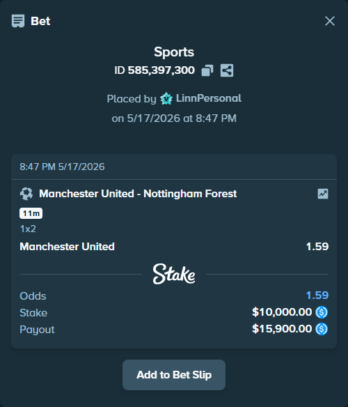 Bet slip: Manchester United - Nottingham Forest, $10,000.00 stake at 1.59 odds, placed by LinnPersonal