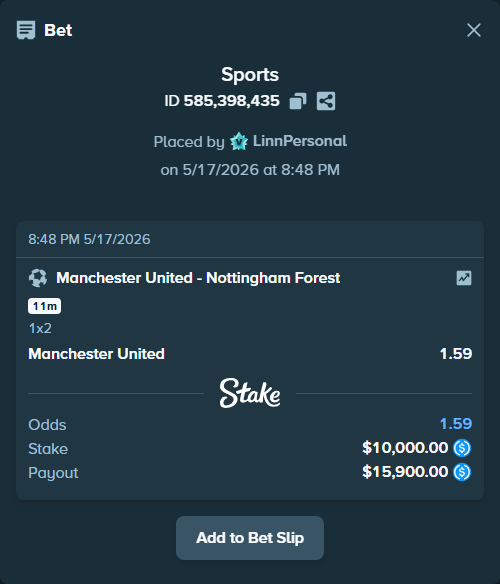 Bet slip: Manchester United - Nottingham Forest, $10,000.00 stake at 1.59 odds, placed by LinnPersonal