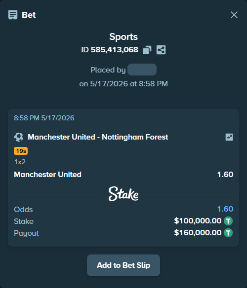 Bet slip: Manchester United - Nottingham Forest, $100,000.00 stake at 1.60 odds, placed by xxxboom