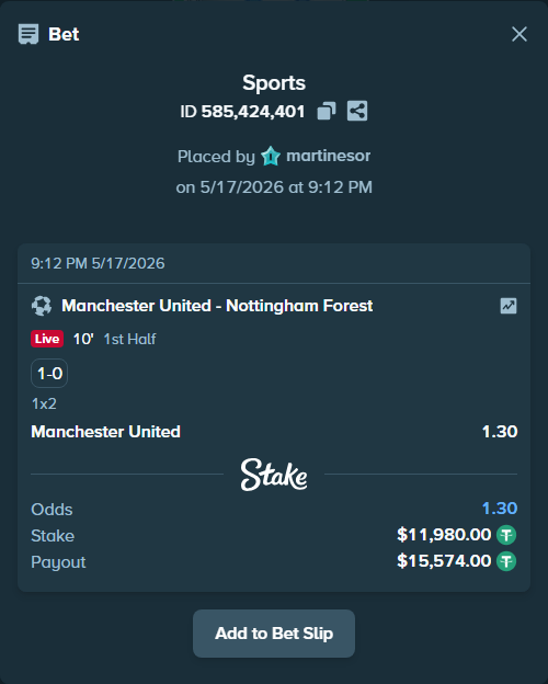 Bet slip: Manchester United - Nottingham Forest, $11,980.00 stake at 1.30 odds, placed by martinesor