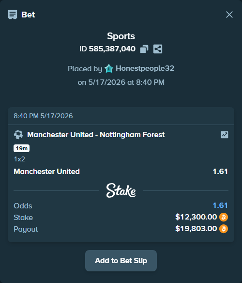 Bet slip: Manchester United - Nottingham Forest, $10,066.13 stake at 1.61 odds, placed by Honestpeople32