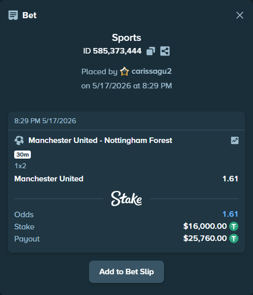 Bet slip: Manchester United - Nottingham Forest, $16,000.00 stake at 1.61 odds, placed by carissagu2
