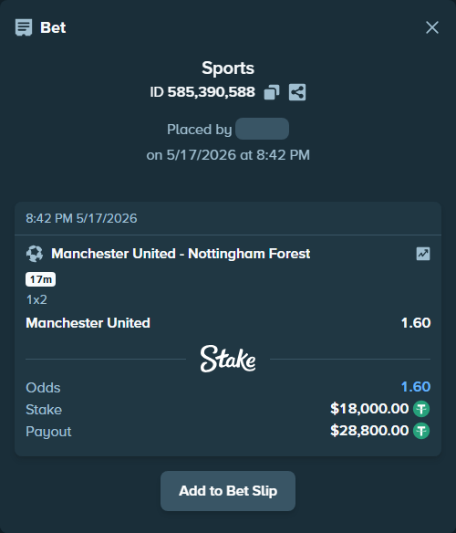 Bet slip: Manchester United - Nottingham Forest, $18,000.00 stake at 1.60 odds, placed by guyTONS23
