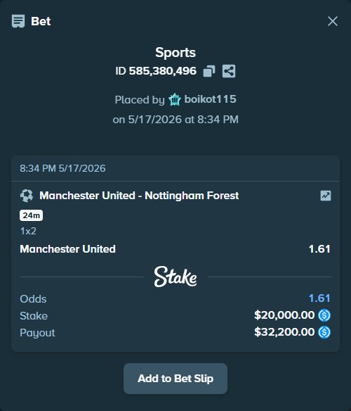 Bet slip: Manchester United - Nottingham Forest, $20,000.00 stake at 1.61 odds, placed by boikot115