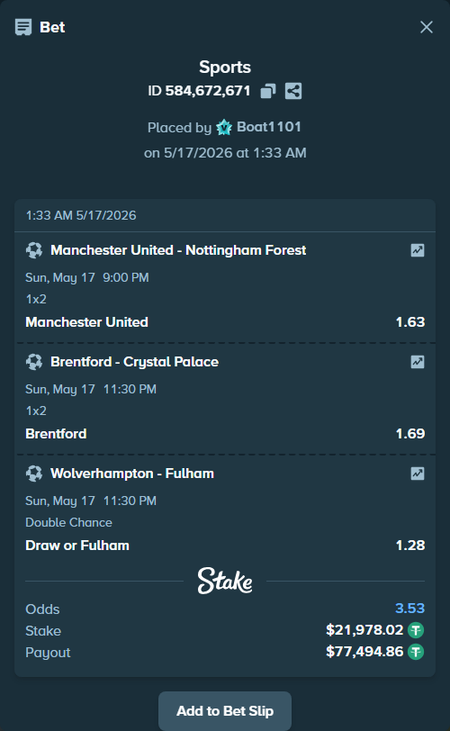 Bet slip: Manchester United - Nottingham Forest, $22,000.00 stake at 1.63 odds, placed by Boat1101
