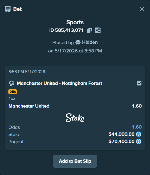 Bet slip: Manchester United - Nottingham Forest, $44,000.00 stake at 1.60 odds, placed by Hidden