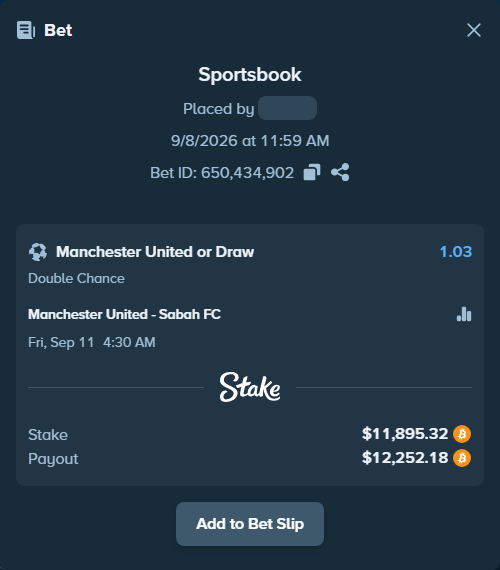 Bet slip: Manchester United - Sabah Masazir, $11,553.45 stake at 1.03 odds, placed by VictorValeriu
