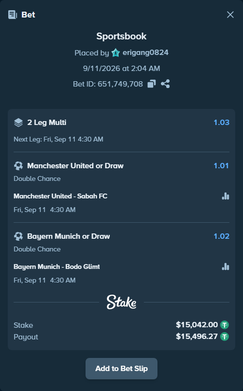 Bet slip: Manchester United - Sabah Masazir, $15,037.49 stake at 1.01 odds, placed by erigang0824