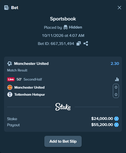 Bet slip: Manchester United - Tottenham, $24,000.00 stake at 2.30 odds, placed by LATifAa9