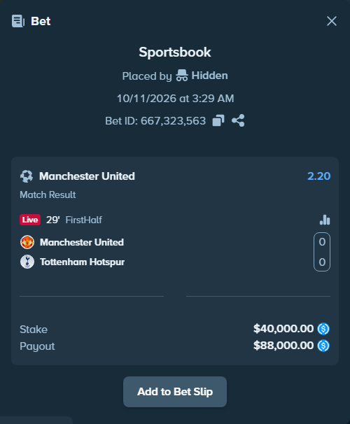 Bet slip: Manchester United - Tottenham, $40,000.00 stake at 2.20 odds, placed by Vinncent88