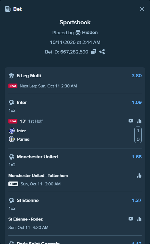 Bet slip: Manchester United - Tottenham, $10,002.21 stake at 1.68 odds, placed by Hidden