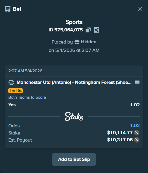 Bet slip: Manchester Utd (Antonio) - Nottingham Forest (Sheerpy), $8,342.46 stake at 1.02 odds, placed by Hidden