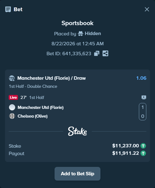 Bet slip: Manchester Utd (Florie) - Chelsea (Olive), $11,237.00 stake at 1.06 odds, placed by Hidden