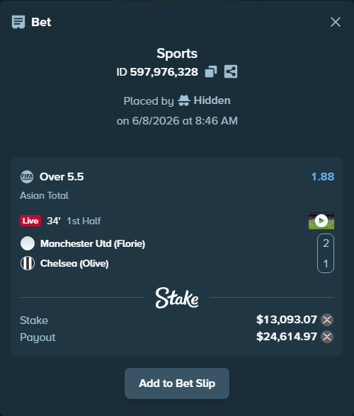 Bet slip: Manchester Utd (Florie) - Chelsea (Olive), $13,009.27 stake at 1.88 odds, placed by Hidden