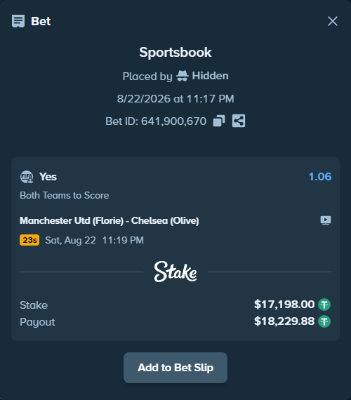 Bet slip: Manchester Utd (Florie) - Chelsea (Olive), $17,198.00 stake at 1.06 odds, placed by Hidden