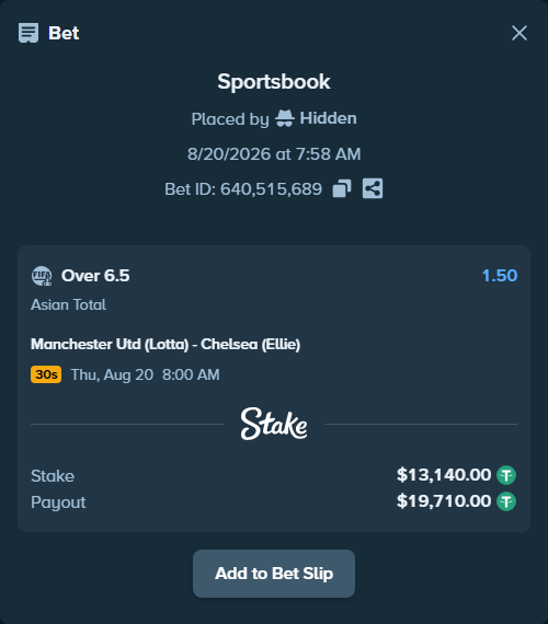 Bet slip: Manchester Utd (Lotta) - Chelsea (Ellie), $13,140.00 stake at 1.50 odds, placed by Hidden
