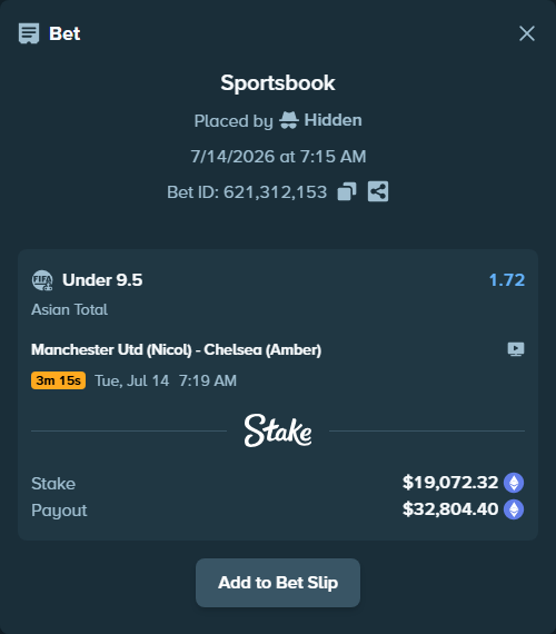 Bet slip: Manchester Utd (Nicol) - Chelsea (Amber), $20,642.48 stake at 1.72 odds, placed by Hidden