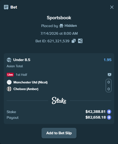 Bet slip: Manchester Utd (Nicol) - Chelsea (Amber), $45,684.99 stake at 1.95 odds, placed by Hidden