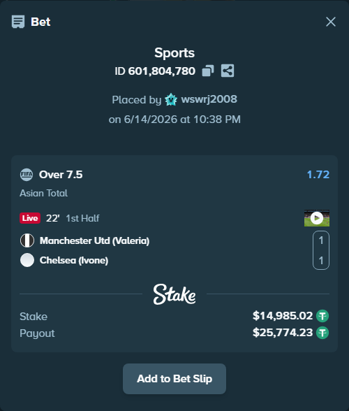 Bet slip: Manchester Utd (Valeria) - Chelsea (Ivone), $15,000.00 stake at 1.72 odds, placed by wswrj2008