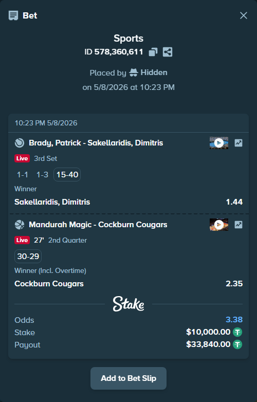 Bet slip: Mandurah Magic - Cockburn Cougars, $10,000.00 stake at 2.35 odds, placed by Hidden