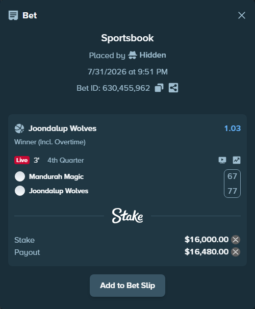Bet slip: Mandurah Magic - Joondalup Wolves, $15,488.61 stake at 1.03 odds, placed by Hidden