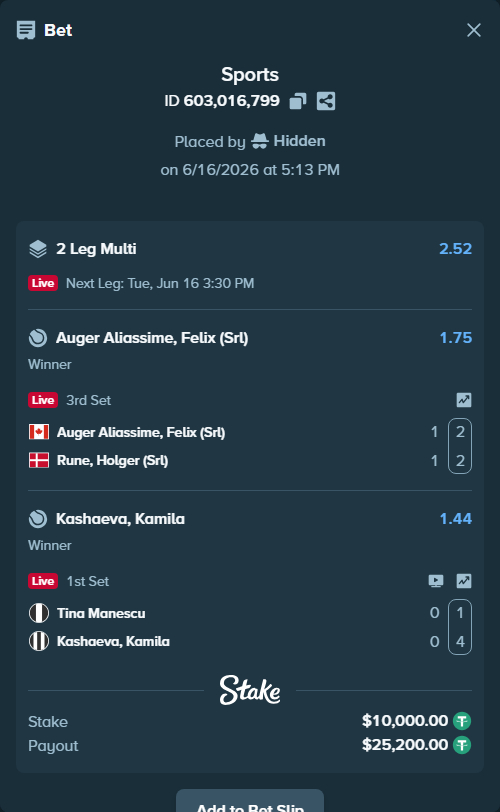 Bet slip: Manescu, Tina - Kashaeva, Kamila, $10,000.00 stake at 1.44 odds, placed by Hidden