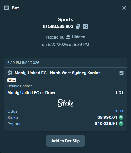 Bet slip: Manly United FC - NWS Spirit FC, $10,000.00 stake at 1.01 odds, placed by Hidden