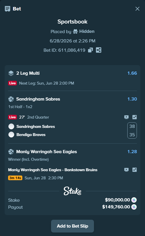 Bet slip: Manly Warringah Sea Eagles - Bankstown Bruins, $104,696.80 stake at 1.28 odds, placed by Hidden