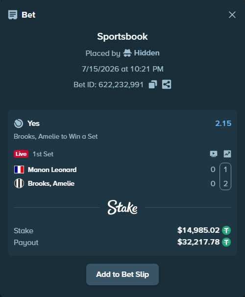 Bet slip: Manon Leonard - Brooks, Amelie, $15,000.00 stake at 2.15 odds, placed by Hidden