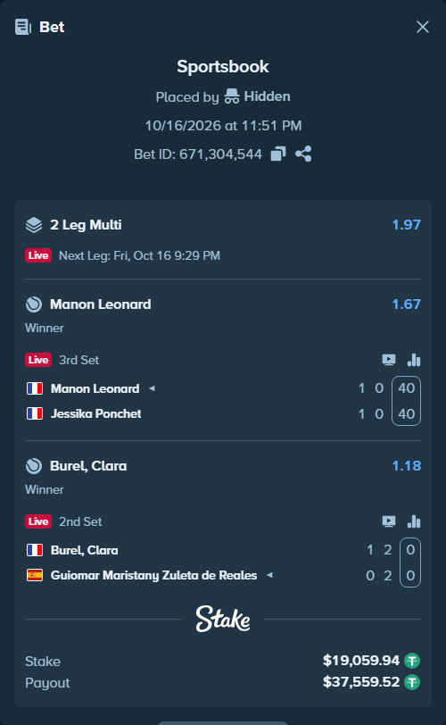 Bet slip: Manon Leonard - Jessika Ponchet, $19,079.00 stake at 1.67 odds, placed by Hidden