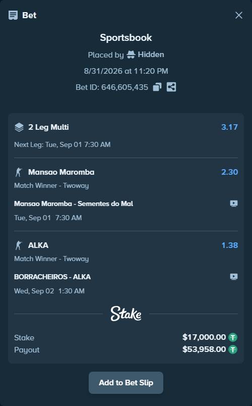 Bet slip: Mansao Maromba - Sementes do Mal, $17,000.00 stake at 2.30 odds, placed by Hidden