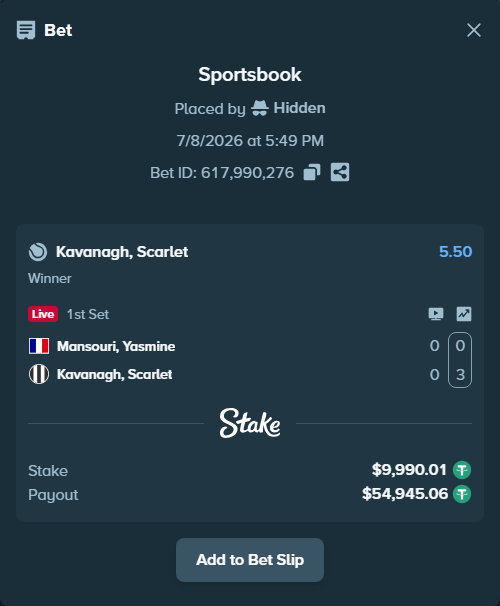 Bet slip: Mansouri, Yasmine - Kavanagh, Scarlet, $10,000.00 stake at 5.50 odds, placed by Hidden